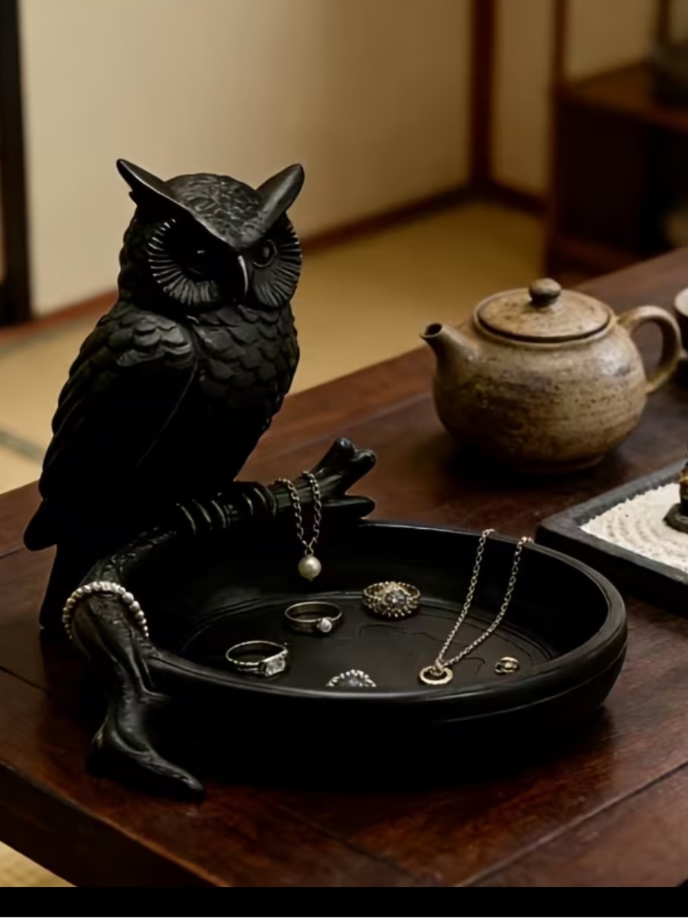 Black Owl Jewelry Tray and Ring Holder - Decorative Home Accent